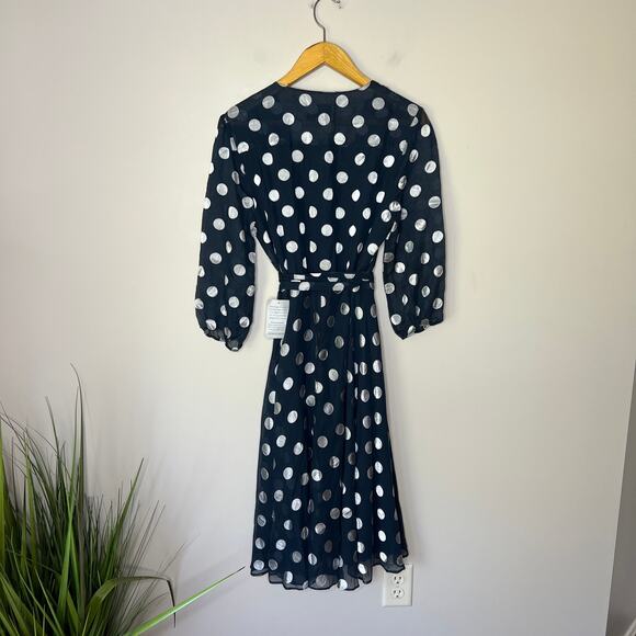 Charles Henry BRAND NEW Navy Polka Dot Wrap Dress Size Large Sheer Long Sleeves - Picture 7 of 9